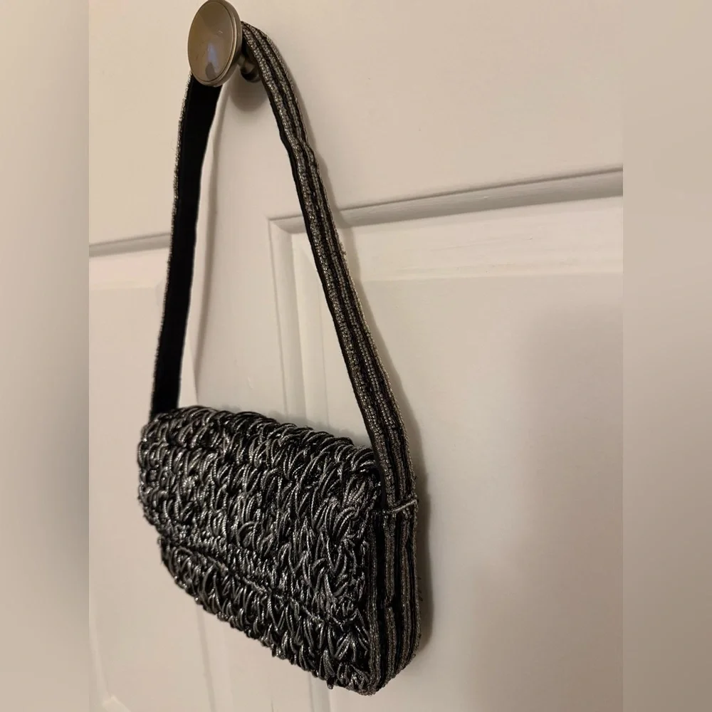Anthropologie Maeve Fiona Crochet Beaded Bag Black & Silver - Picture 5 of 12